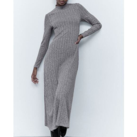 Zara Gray Marl Knit Midi Dress Long Sleeve Mock Neck A-Line Ribbed Jersey - Picture 6 of 11